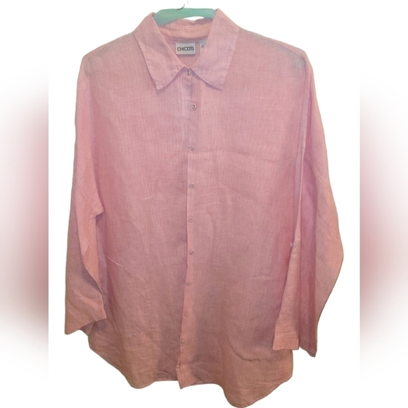 Chico's Pink and White Stripped  Linen Button Down Side Pocket Knee Length Shirt - Picture 1 of 6